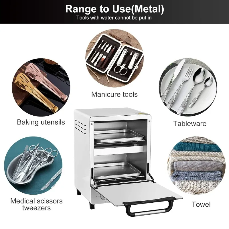 Scatola di pulizia ad alta temperatura, Timer multifunzionale per scatola a secco ad alta temperatura da 12 litri con 2 vassoi in acciaio inossidabile per strumenti per unghie,