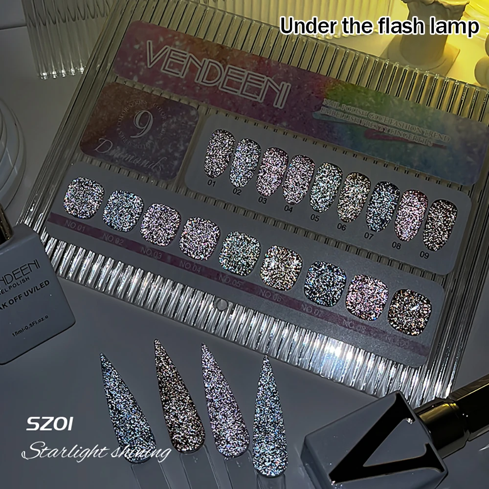 Vendeeni 9 Farben/Set Regenbogen Glitzer Gebrochener Diamant Gel Nagellack UV LED Aushärtbarer Gel-Lack Flash Nail Art Gel mit Display – Detail 12