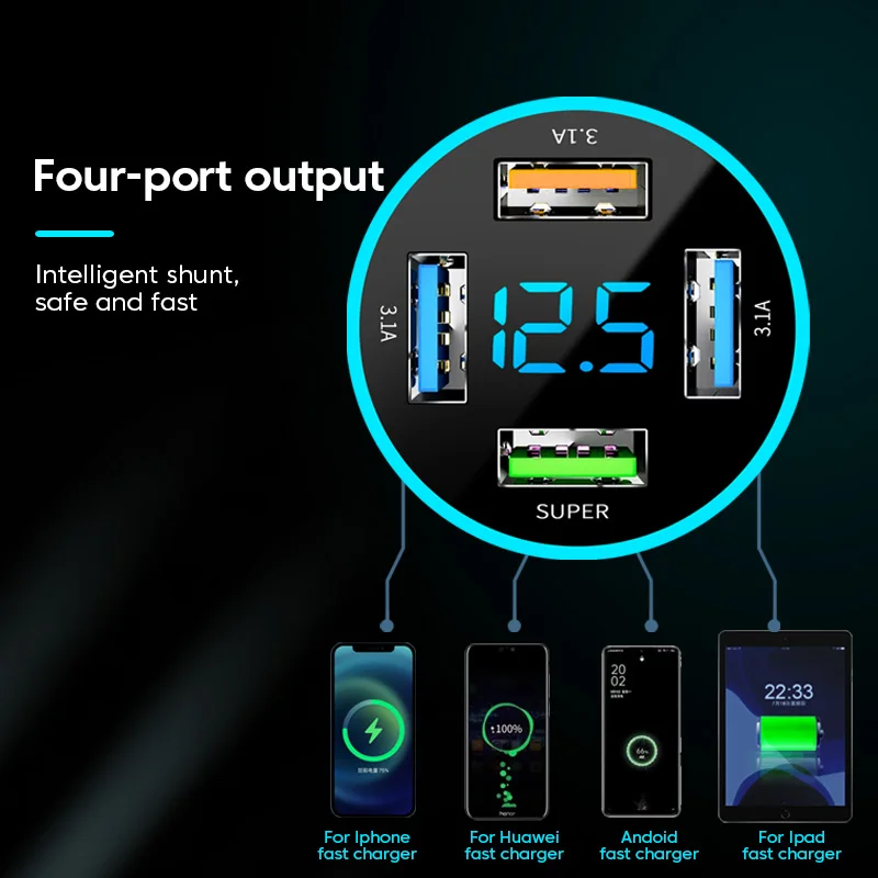66W Car Quick Charge Car Charger Adapter 4 Ports USB Fast Charge For iPhone Samsung Xiaomi Huawei Fast Charging Charger In Car
