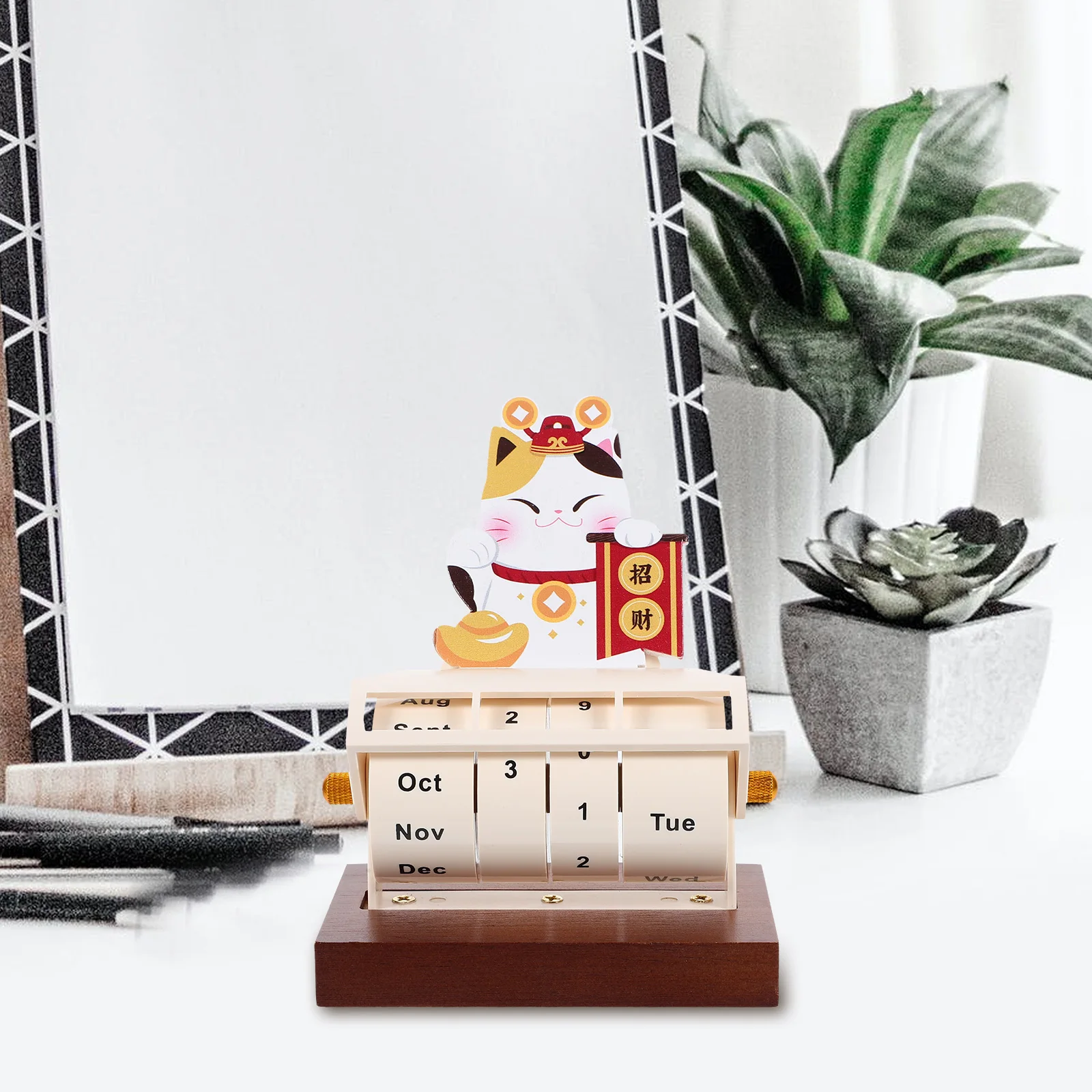 

Wooden Perpetual Calendar Desktop Decorative Block Home Accessory Reusable Practical Cartoon Style Office Table