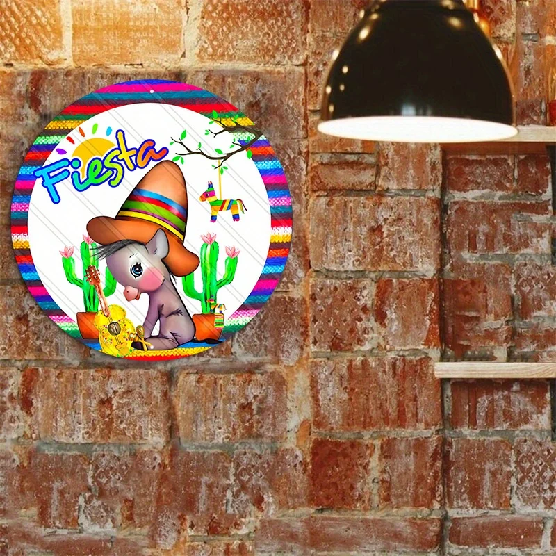 1pc 8x8inch Aluminum Metal Sign, Fiesta Sign, Sombrero Donkey Cactus And Guitar Metal Sign, Wall Door Decorative Sign