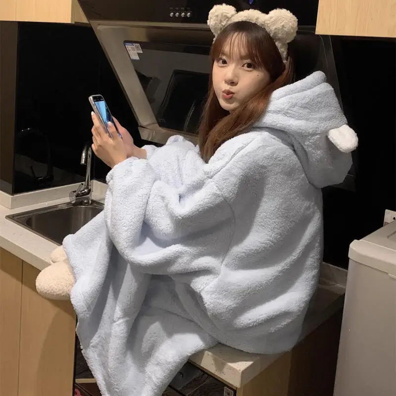 

Ночная рубашка для девочек, халат, пижама, домашняя одежда, милая женская фланелевая одежда с капюшоном из кораллового флиса, осень-зима, корейская версия, утолщенная верхняя одежда