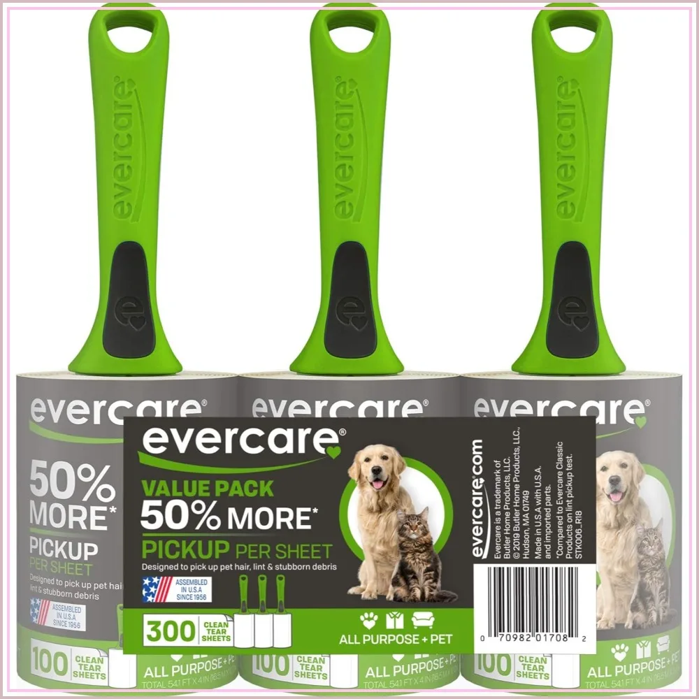 

Pet Hair Lint Roller 100 Sheets, Reusable Sticky Roller for Cat & Dog Hair Removal, All-Purpose Use for Furniture, Clothing & Car, Set of 3