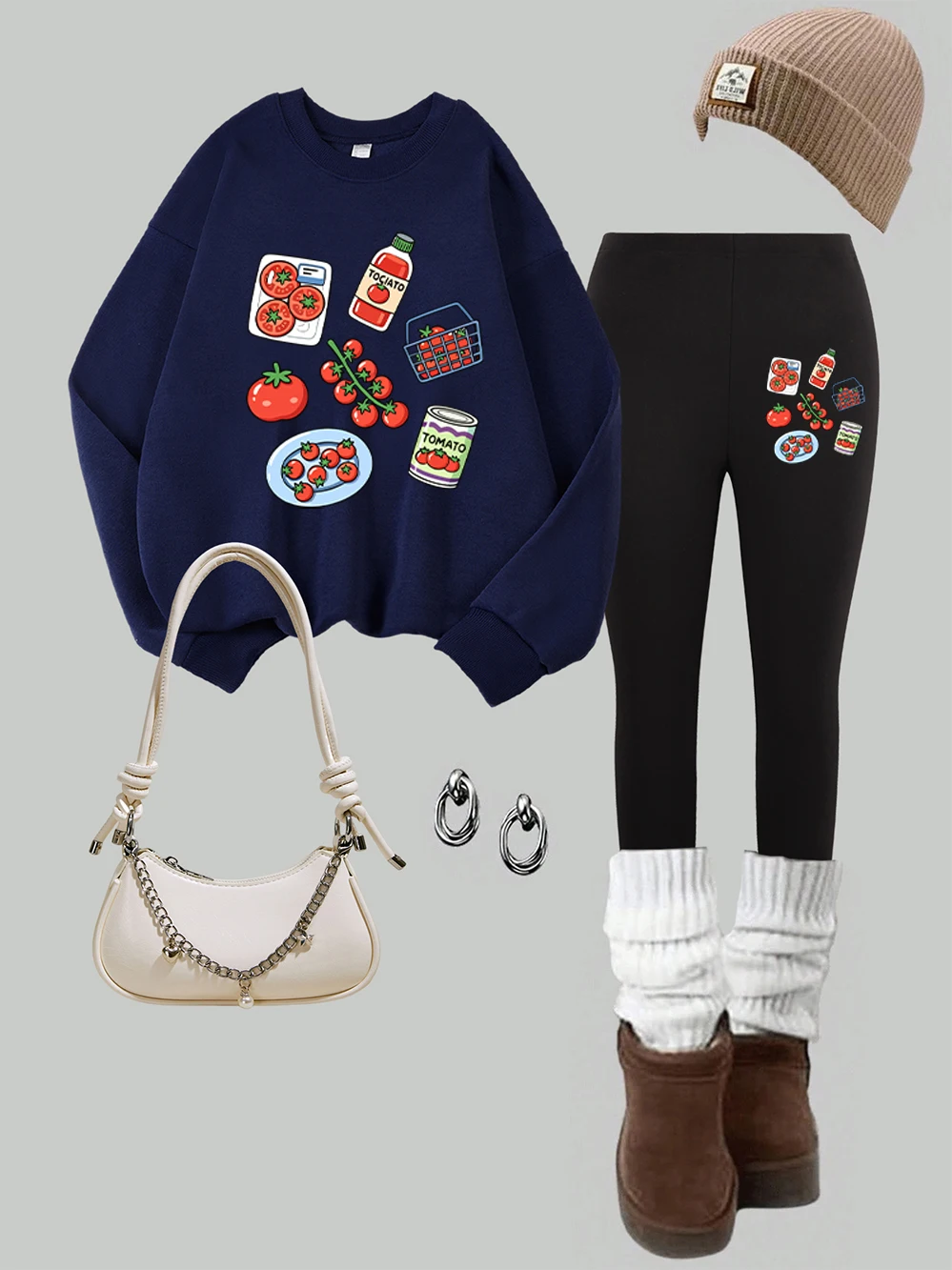 2Pcs Leggings Sweatshirt Set Womens Tomato Assortment Products Printing Hoodie Autumn Pocket Loose Tops Casual Slim Trousers