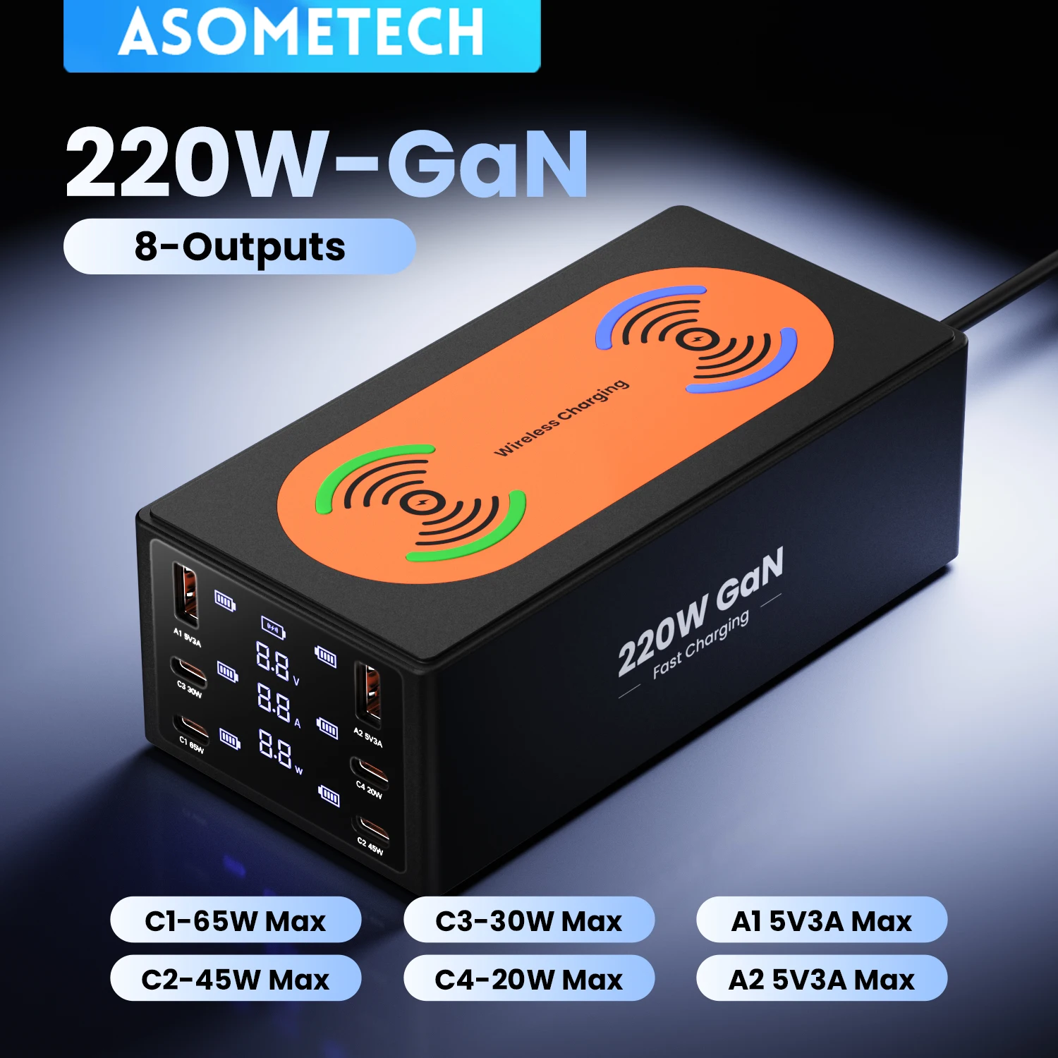 220W USB C GaN Charger  65W 4A2C PD3.0 PPS Multiport Fast Charging Station With Dual Wireless charging For iPhone 17 16 Samsung