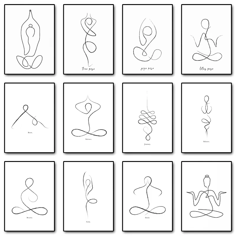 Nordic Minimalist Yoga Meditation Art Print Abstract Line Art Text Exercise Canvas Poster Home Living Room Yoga Studio Decor