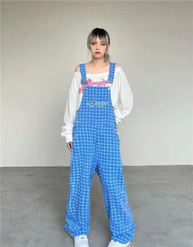 High Street Pink Plaid tute donna coreano sciolto un pezzo abiti donna autunno gamba larga pantaloni tuta 2023 nuovo Vintage
