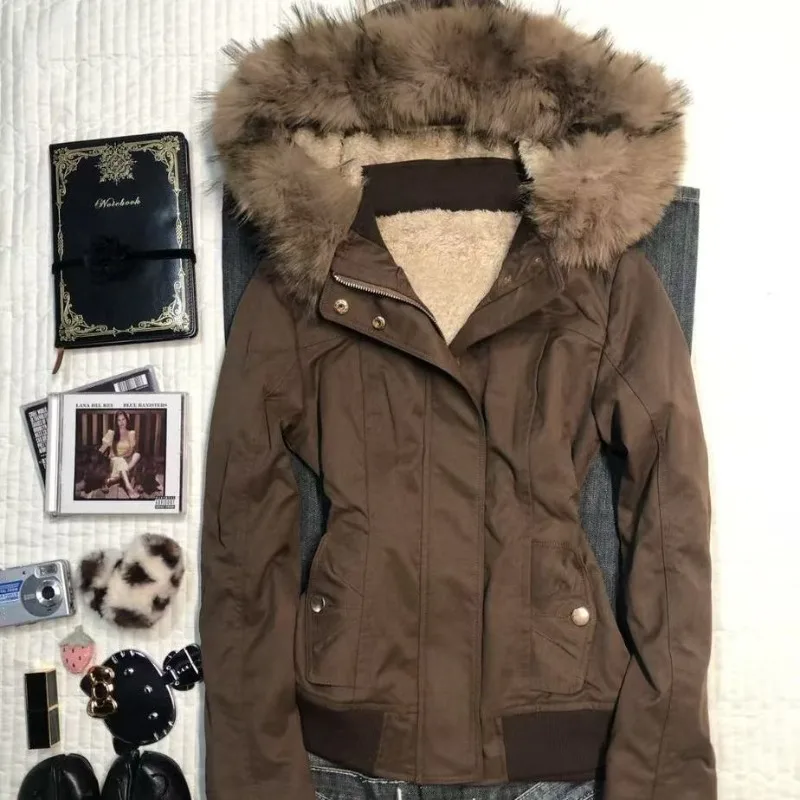 

American Style Detachable Fur Collar Jackets Autumn Winter New Women's Sweatshirts Vintage Fashion Y2k Subcultural Coat Women