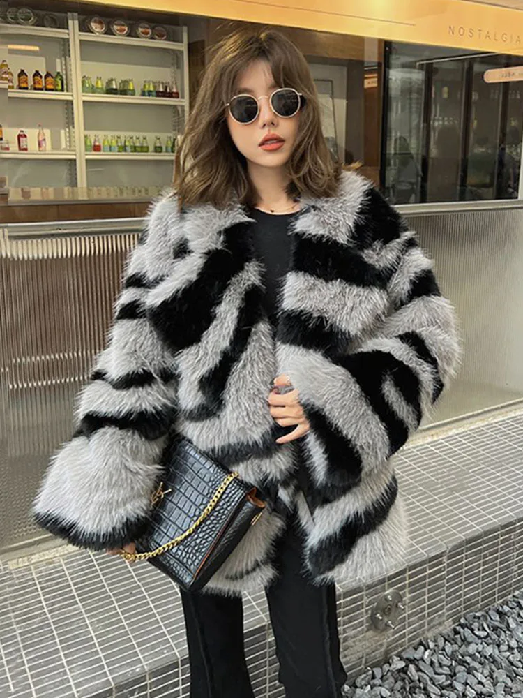 ZADORIN Winter Coats for Women 2024 Luxury Zebra Striped Fluffy Fox Fur Faux Coat Women Lapel Mid Long Oversized Faux Fur Jacket