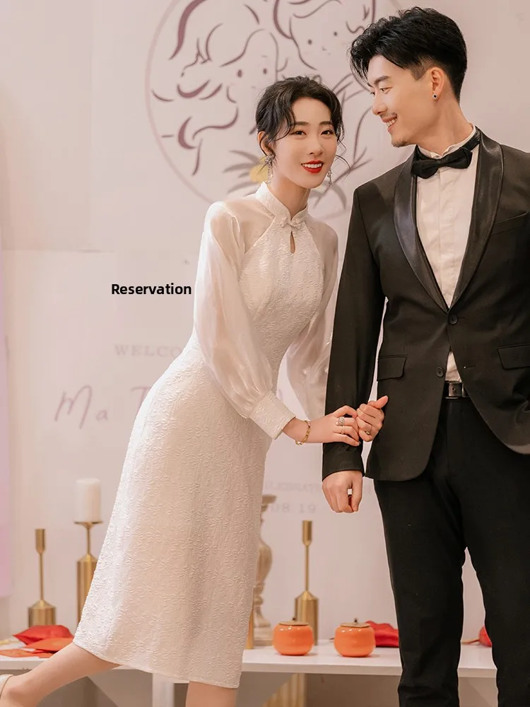 

Белое обновленное китайское платье для помолвки с длинными рукавами, женское винтажное платье А-силуэта для свадьбы/торжества