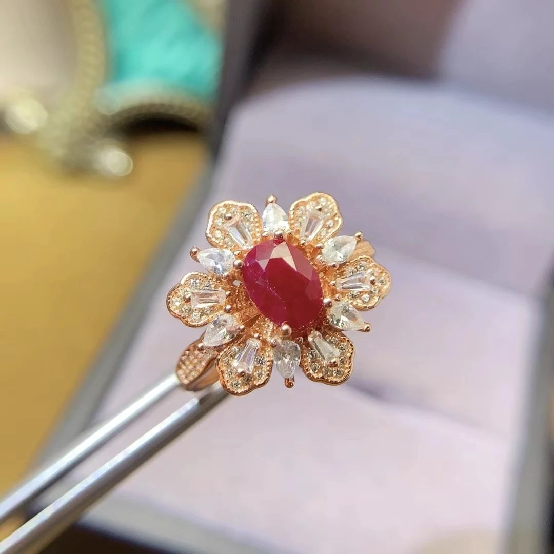 KJJEAXCMY S925 Pure Silver Inlaid Natural Burmese high quality Ruby Simple Elegant Women's Ring High Clarity  Support Testing