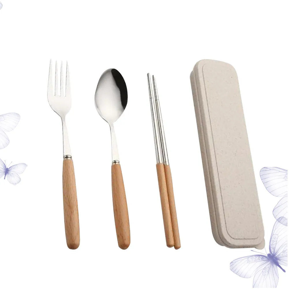 3Pcs Stylish Wood Handle Stainless Steel Cutlery Set Spoon Chopsticks Fork Lightweight Portable Dinner Service for Travel