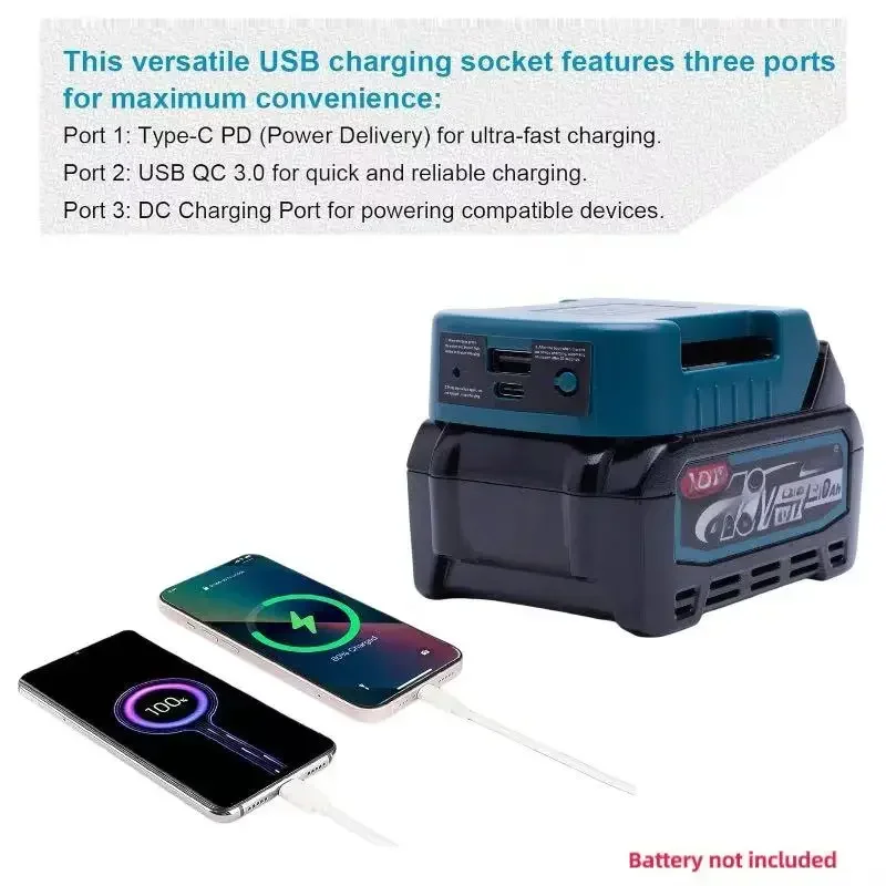 

18W Wireless portable USB Battery Adapter Converter for Makita 40v Lithium Battery Converter USB C-type DC port(Only Adapter)