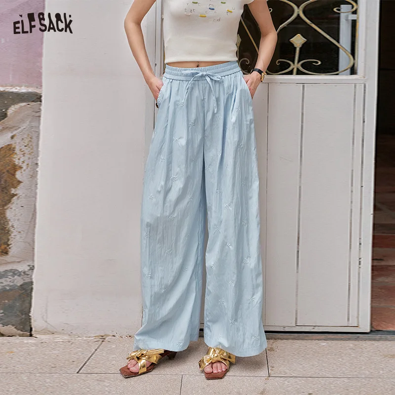 

ELFSACK 2025 Summer New Arrivals Solid Color Bow Embroidery High Waisted Casual Wide Leg Pants For Women