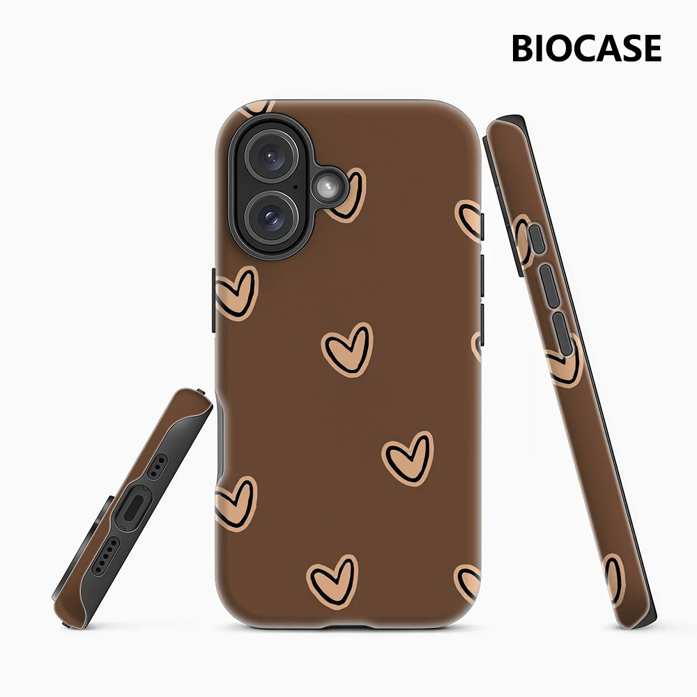 Minimalistische braune Herzen iPhone-Hülle – Doppellagige Rückabdeckung für iPhone 17/16/15/14/13/12 Pro Max Plus – Unverzichtbares Handy-Accessoire