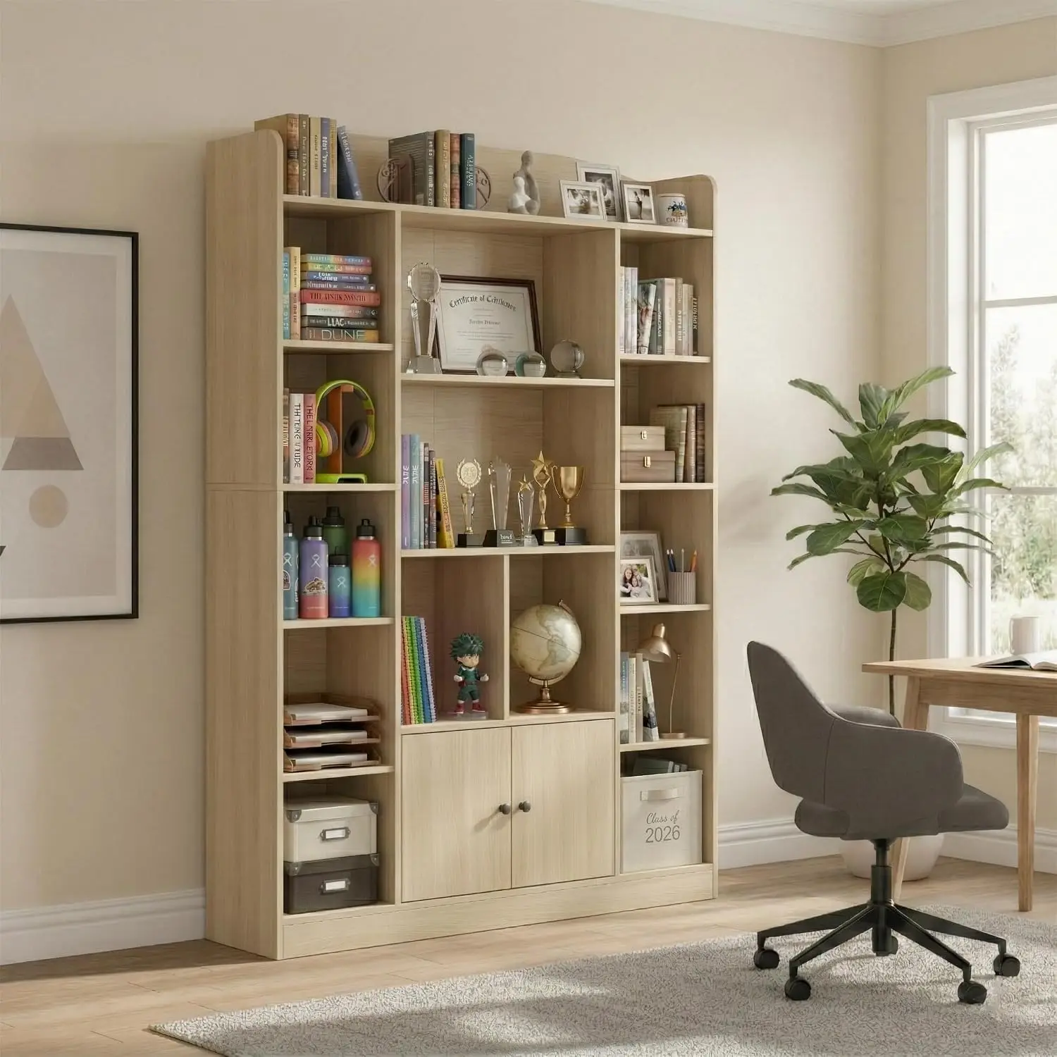 Oak Bookshelf 14 Cubbies 2 Cabinets 5-Tier Bookcase Storage Shelf Living Room Study Office 41.3