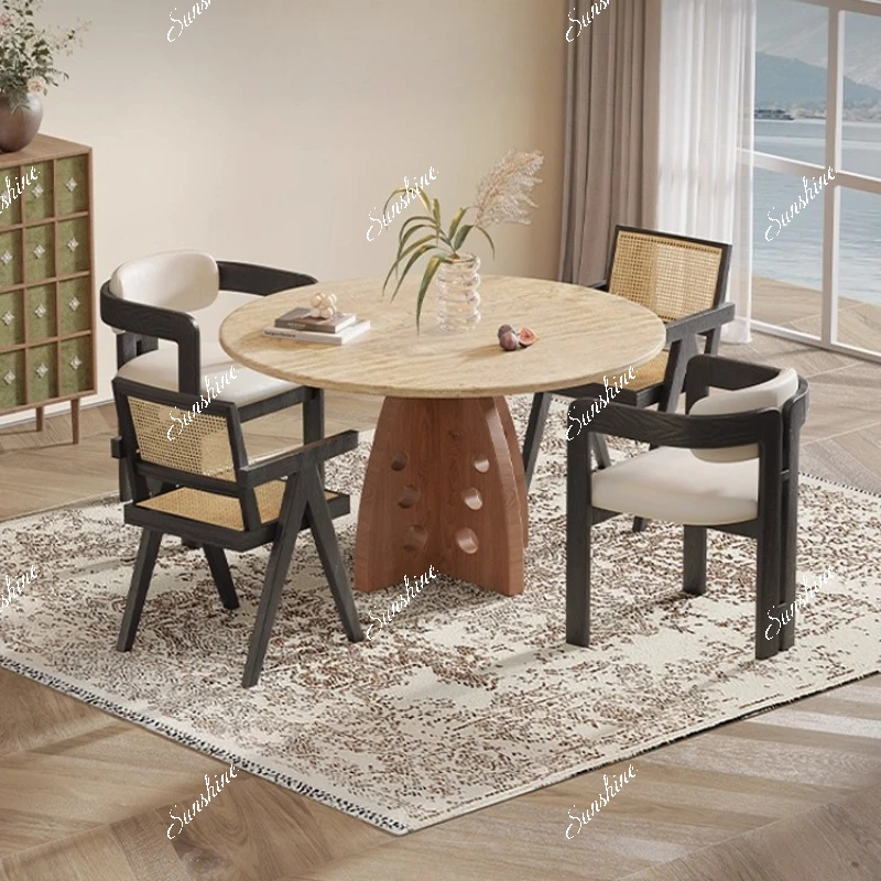 Medieval wabi sandy wind natural travertine round dining table household marble round table