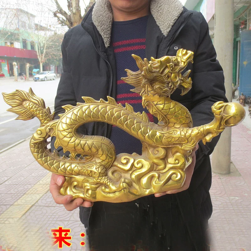 49CM huge HOME shop Lobby hall house efficacious talisman thriving business money GOOD Luck gold dragon Loong FENG SHUI statue