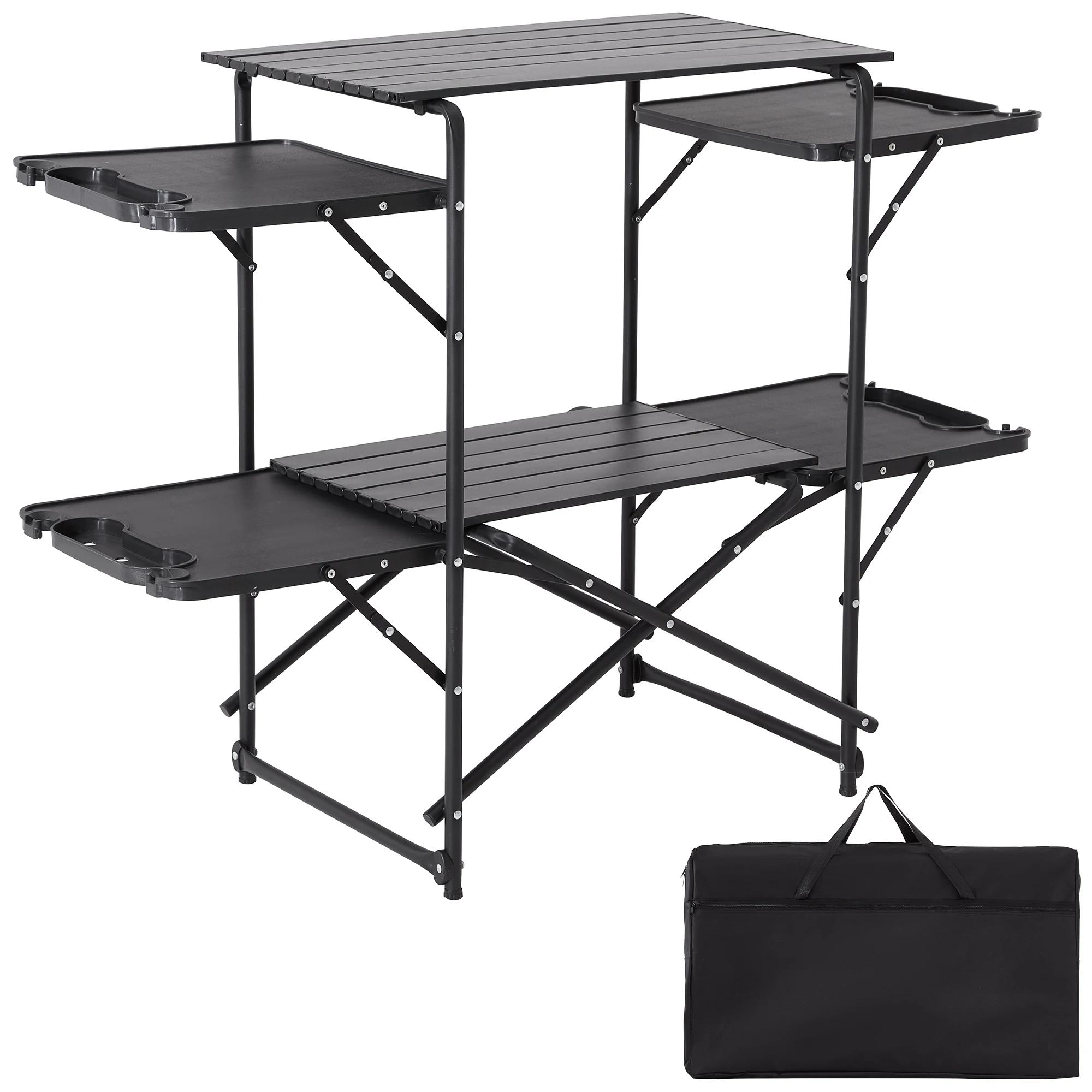 

Складной походный стол для приготовления пищи, усиленный, двухуровневый, с термостойкой столешницей и 4 боковыми столиками, для кемпинга на открытом воздухе