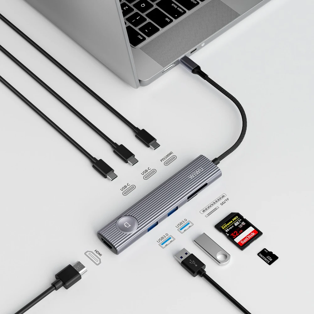 WiWU Type C Hub PD100W Fast Charge for MacBook Air Pro USB HUB 3.1 for HDMI Adapter One-touch Screen off Function USB C Hub