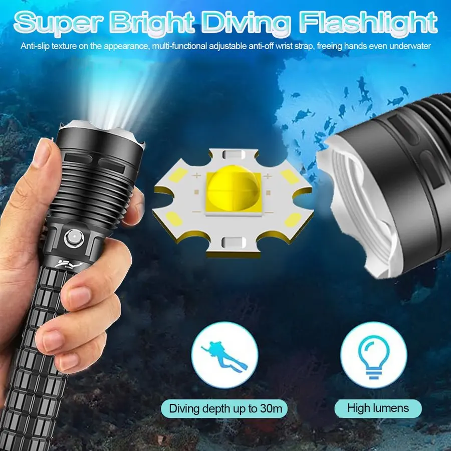 Professional P70 LED Diving Flashlight IPX8 Waterproof Dive Light LED Flashlights Powerful Scuba Diving Torch Lantern