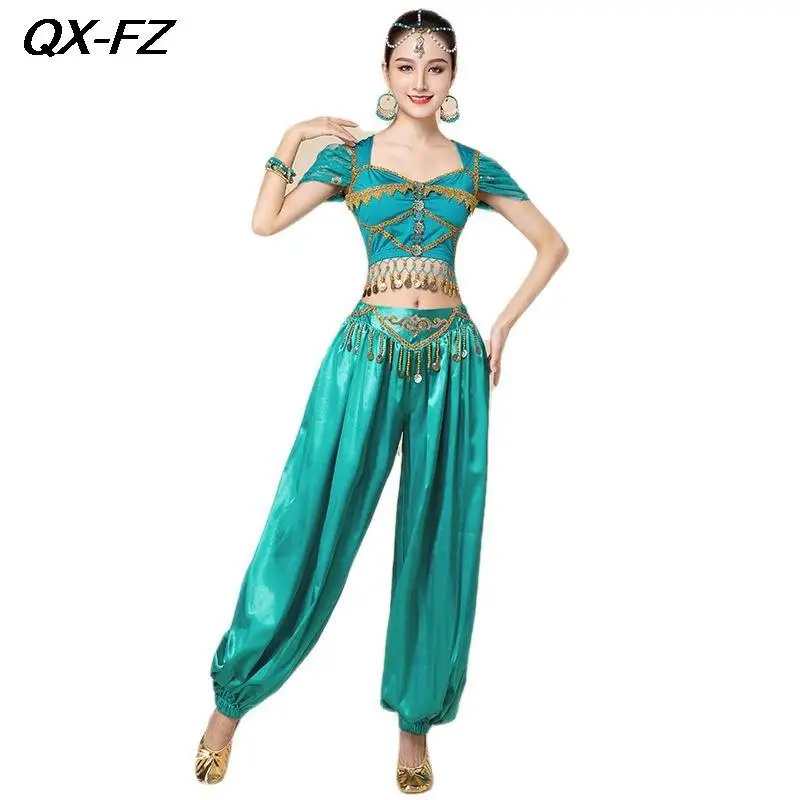 مجموعة أزياء بوليوود للسيدات للرقص الشرقي الهندي + سراويل تناسب الأميرة العربية الشرقية ملابس الرقص أداء الياسمين #3