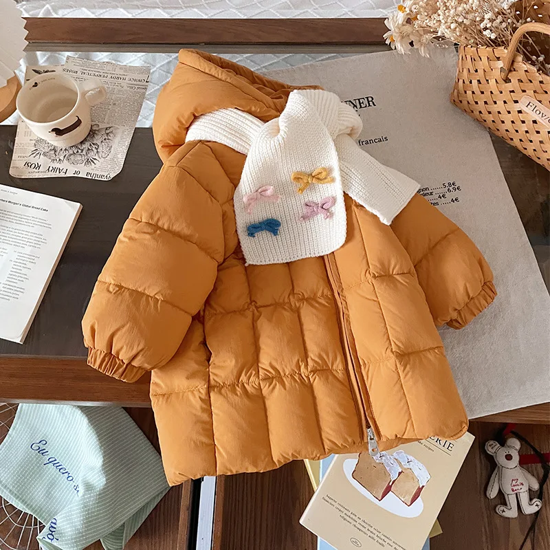 Children's Mid-length Down Jacket Winter New Girl's Thickened Warm White Duck Down Hooded Outerwear Comes with Scarf