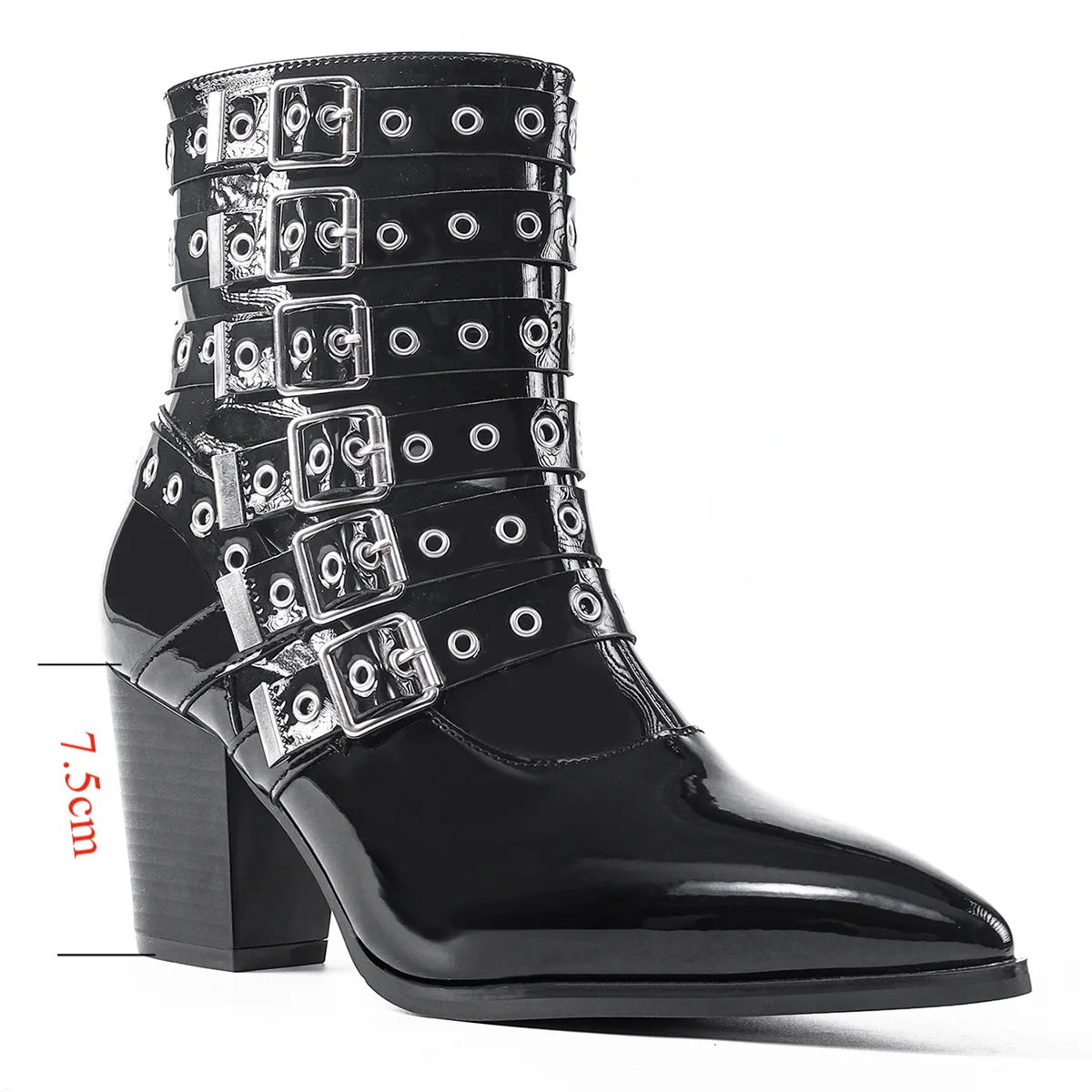 Mirror leather boots thick heel square heel pointed toe multi-row belt buckle short boots female