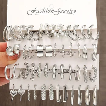 Boho Silver Color Earrings Set for Women Vintage Heart Pearl Metal Geometric Twist Hoops…