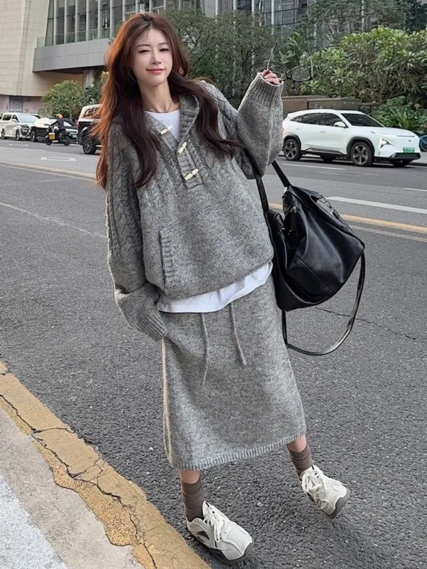 Elegant Lazy Style Women's Knitted Hat Sweater with High Waist Drawstring Half Skirt Two-Piece Set Long Sleeve Thermal Comfor...