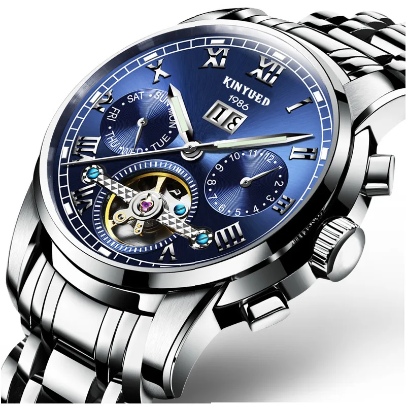 

Montre Homme KINYUED механические наручные часы с турбийоном, светящиеся водонепроницаемые автоматические часы с календарем из нержавеющей стали для мужчин