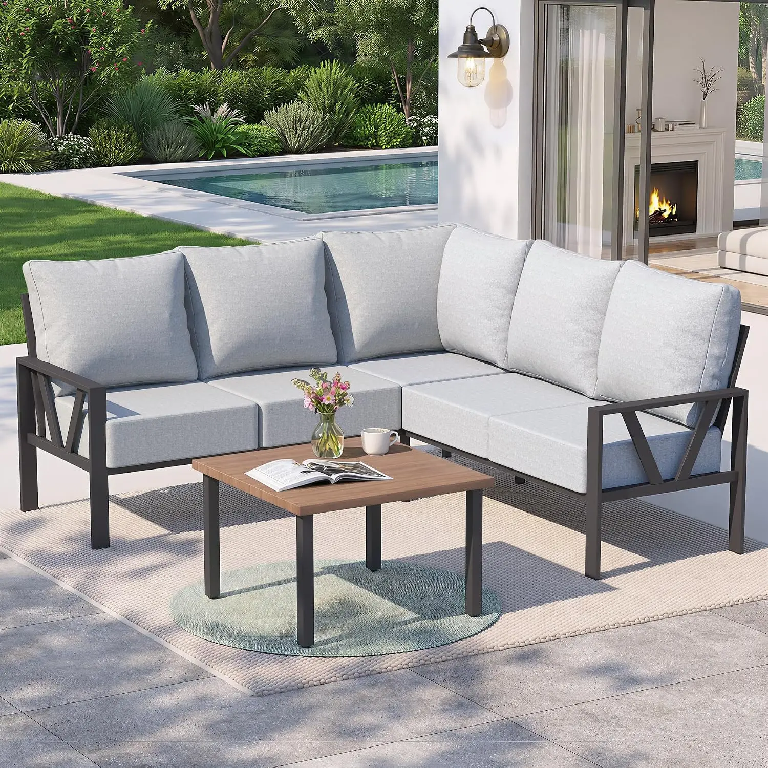 6 Piece Outdoor Sectional Couch 6 Inch Cushion Light Grey 350Lbs Water Resistant Removable Cover Waterproof Furniture Cover Balc
