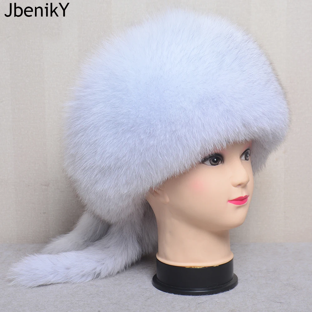 2024 Hot Sale Russian Women Thick Winter Warm Real Fox Fur Hats Beanie Women Hat Natural Fluffy Fur Caps With Tail