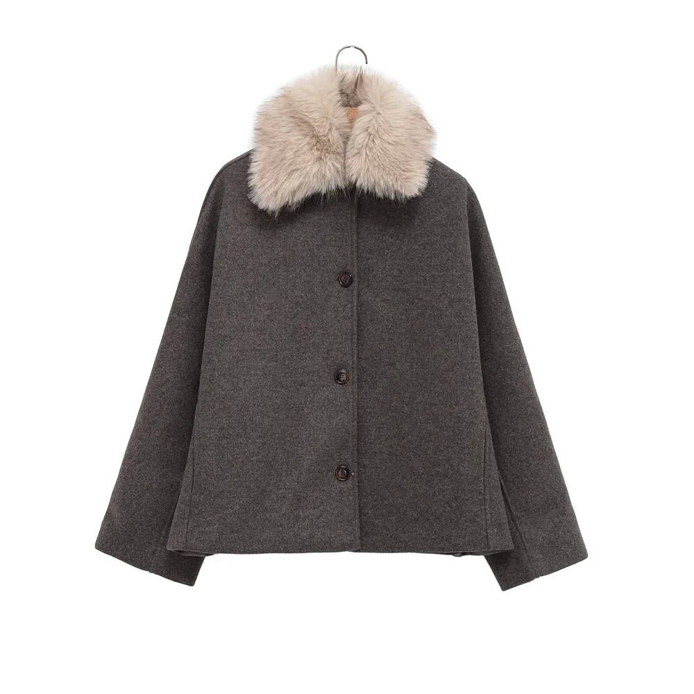 

Winter New Product Women's Fashion Versatile Collar Long Sleeve Contrast Artificial Fur Effect Jacket Soft Coat