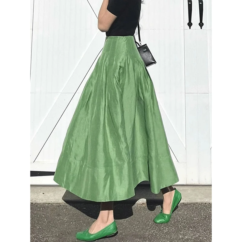 Faldas Mujer Moda Retro Temperament Green High Waist Slim Big Umbrella Skirts Pocket Women Pleated Long Casual