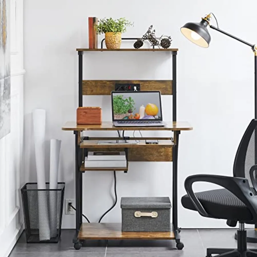Topeakmart 3 Tiers Rolling Computer Desk with Power Outlet and USB Ports for Space Saving, Home Office Desk with Keyboard Tray