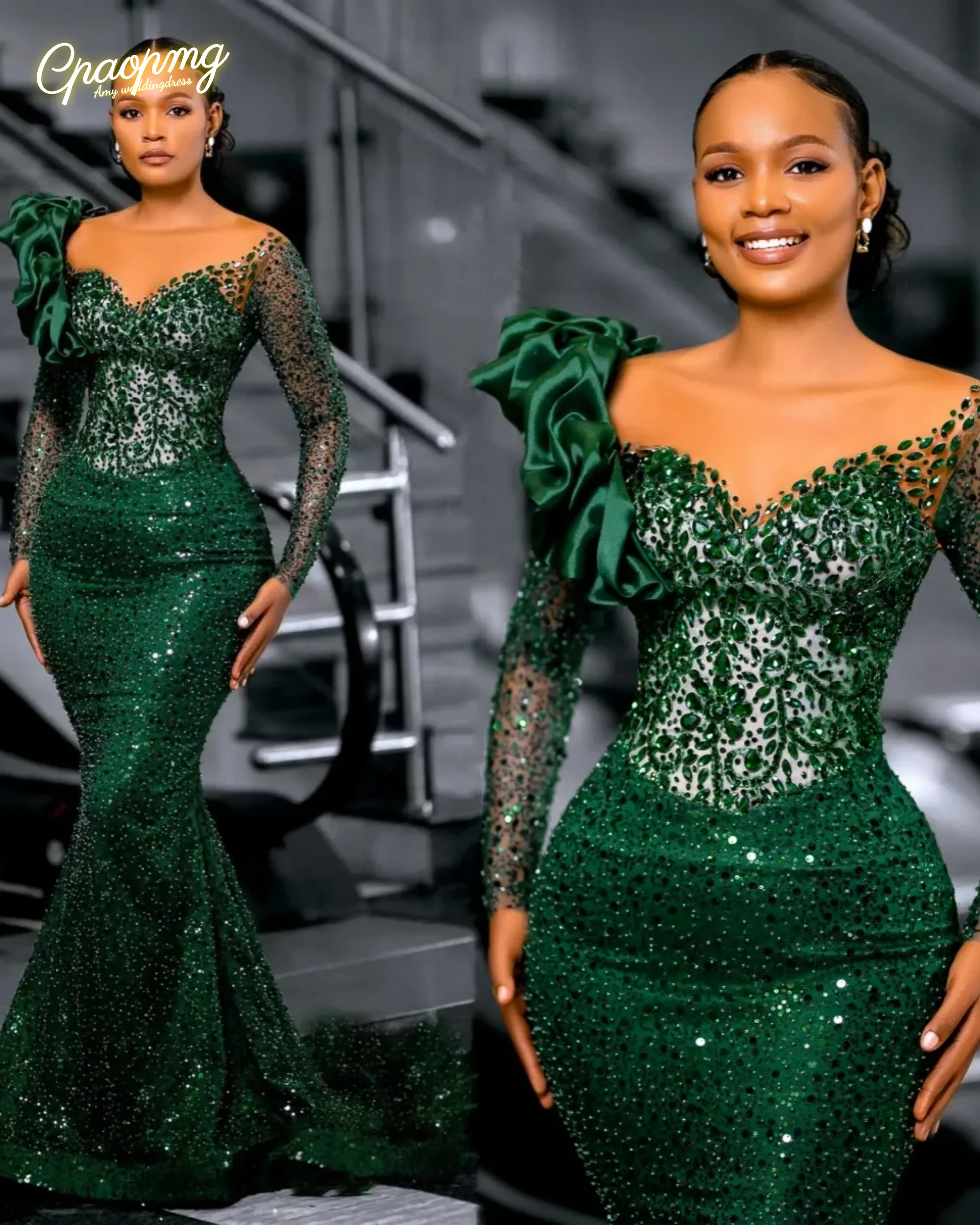 

Элегантные зеленые блестящие вечерние платья русалки по индивидуальному заказу, кружевные блестящие вечерние платья с длинными рукавами и бисером для дня рождения, вечерние платья