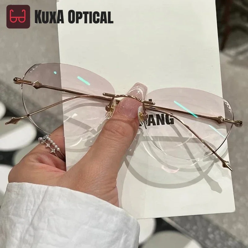 

KUXA женские очки без оправы титановая бабочка темные цветные линзы очки по рецепту женские кошачий глаз оптические безрамочные Gafas
