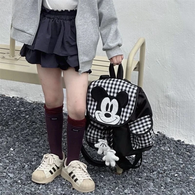 Mickey Mouse Plaid Backpack 3D Head Decor Cute Versatile Girlish Casual Outdoor Backpack for Daily Travel & School Use