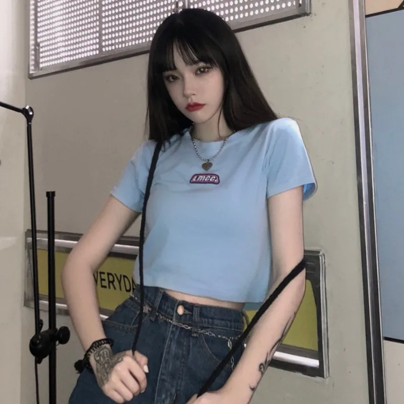 

Short Top Women's Ins Summer Korean Alphabet Black Slim-fit Short-sleeved T-shirt