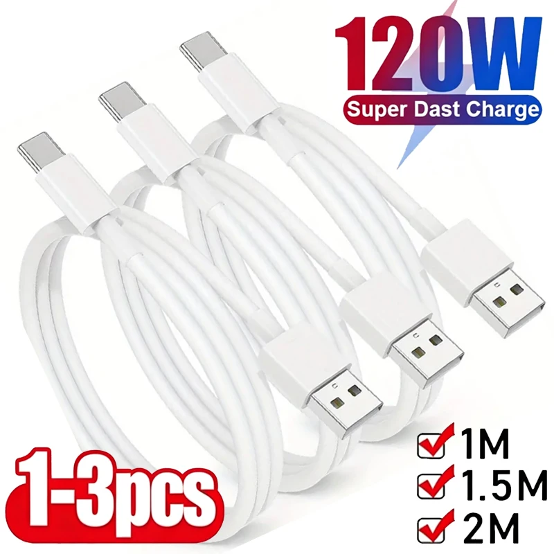 1-3PCS Cable de Carga Súper Rápida de 120W 6A, Cable de Datos USB Tipo C, Cargador Rápido Tipo C