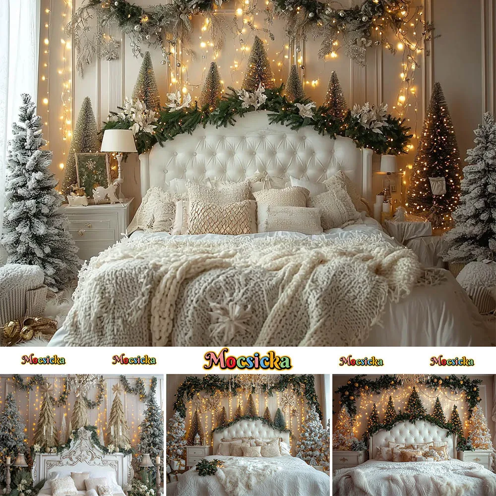 Mocsicka Photography Background Christmas Tree White Bed Garland Holiday Decoration Family Portrait Photo Backdrops Studio Props