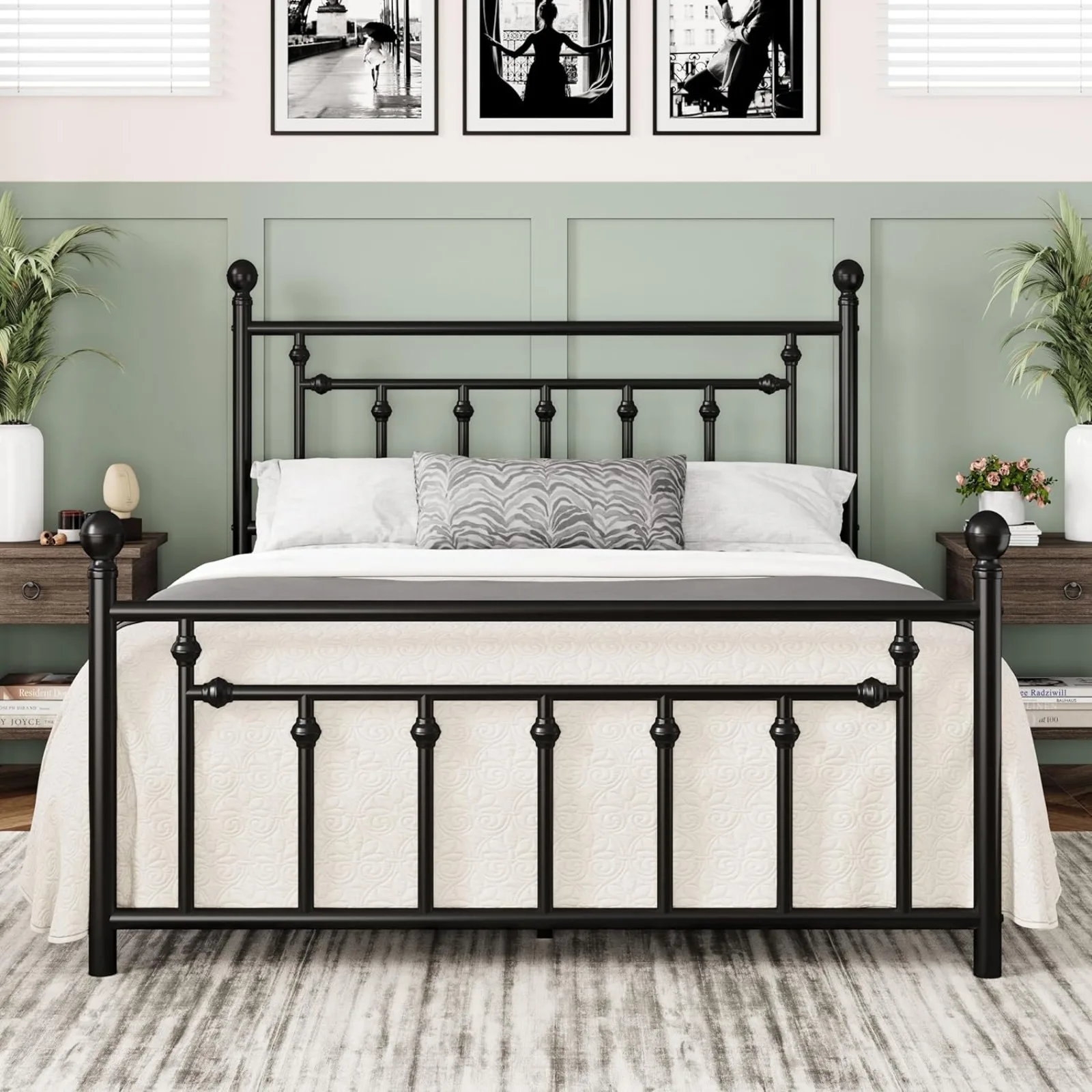 US  14 Inch Queen Size Metal Platform Bed Frame with Victorian Vintage Headboard and Footboard/Under Bed Storage/No