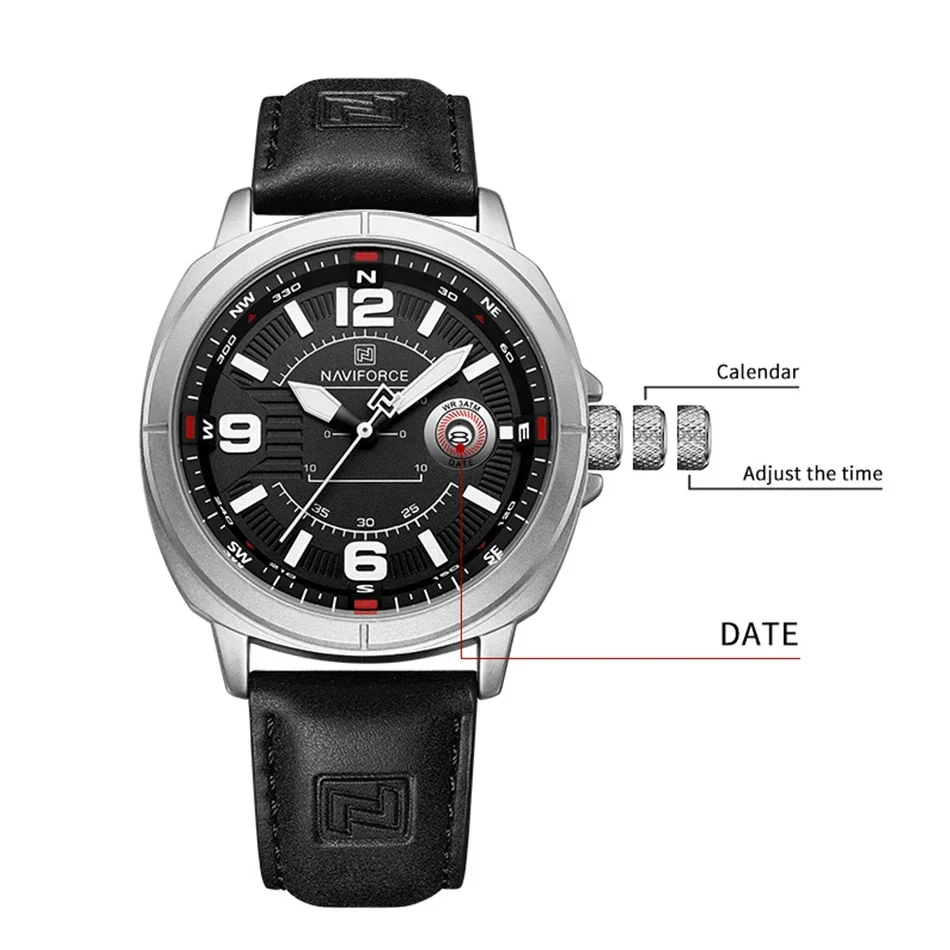 NAVIFORCE NF8078 جودة عالية PU الفرقة التقويم ساعة اليد العلامة التجارية الرجال ساعة كوارتز عرض التاريخ التلقائي ساعات مقاومة للماء #4