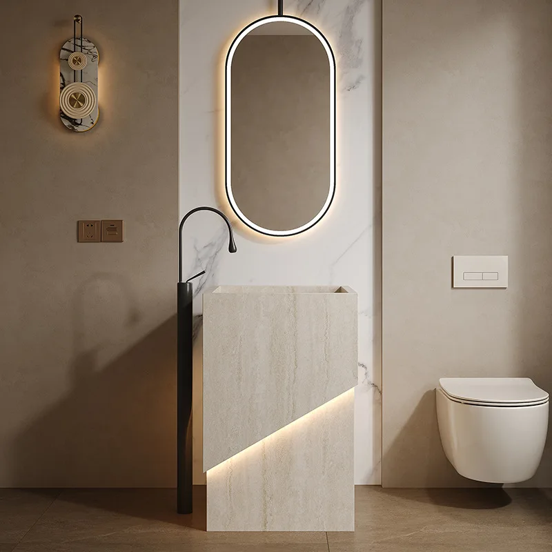 Travertine rock slab column basin outdoor washbasin integrated floor-to-ceiling hotel villa outdoor washbasin
