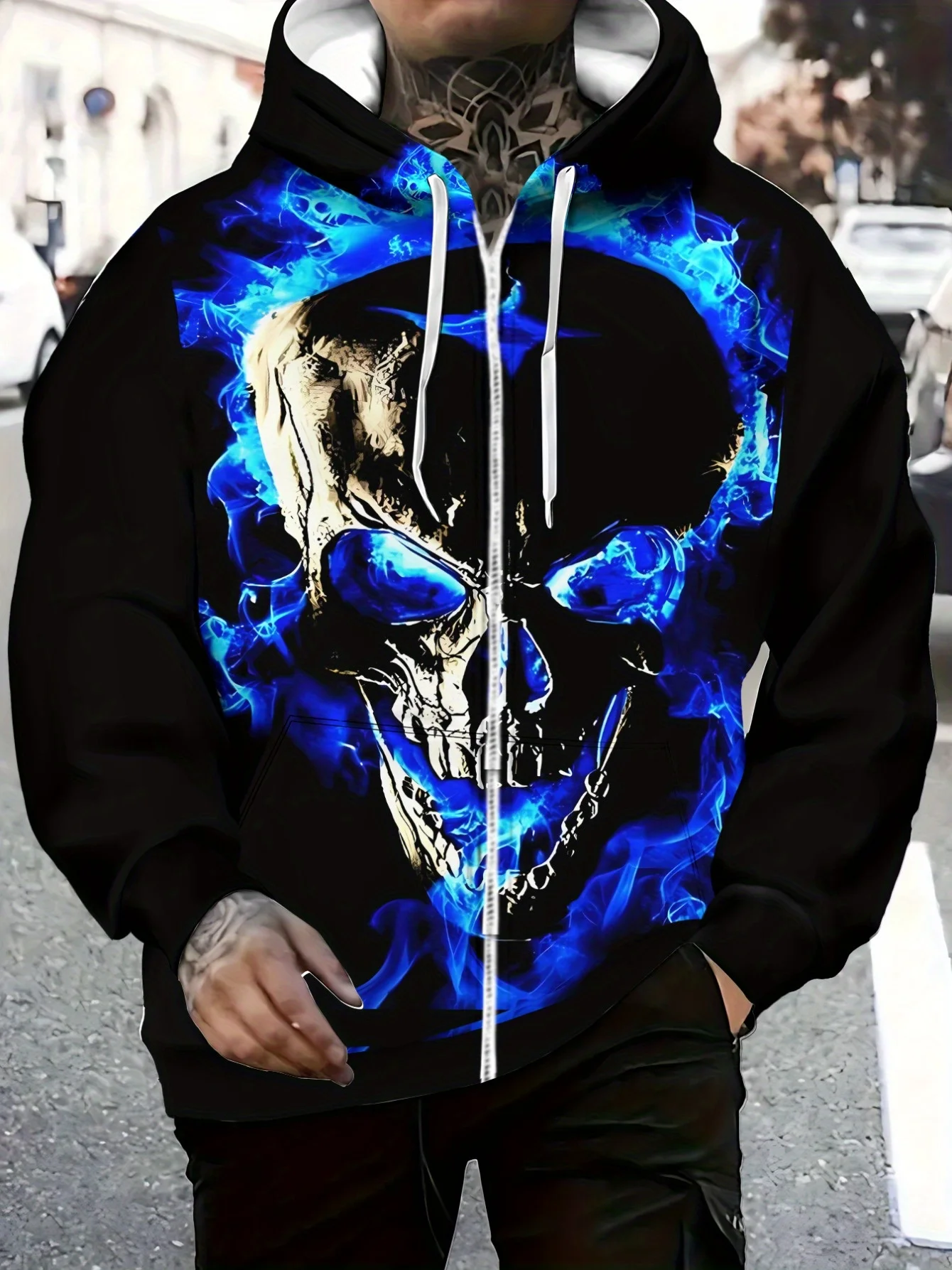 Zipper hoodie for menPolyester Hoodie with Blue Flame Skull Design for Outdoor Activities, Lightweight and Durable, Perfect for