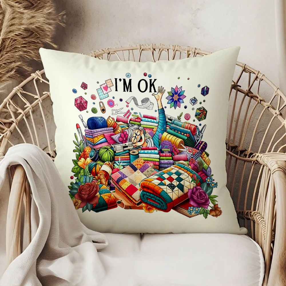 Square Throw Pillow Cream White I'm Ok Quote With Colorful Quilts Yarn Flowers And Sewing Supplies Illustration For Living Room