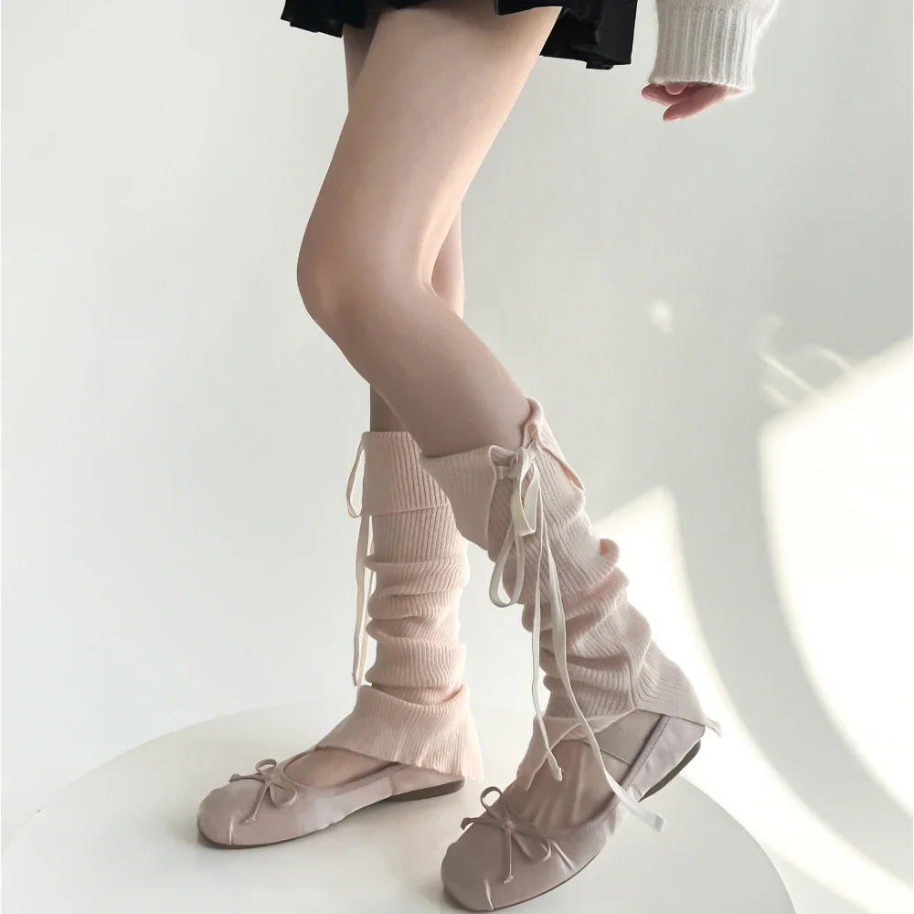 Leg Warmers Women Ballet Style Bandage Bow Sweet Girls Long Socks Stockings Knitted Foot Cover JK Lolita Kawaii Cute Leg Warmers