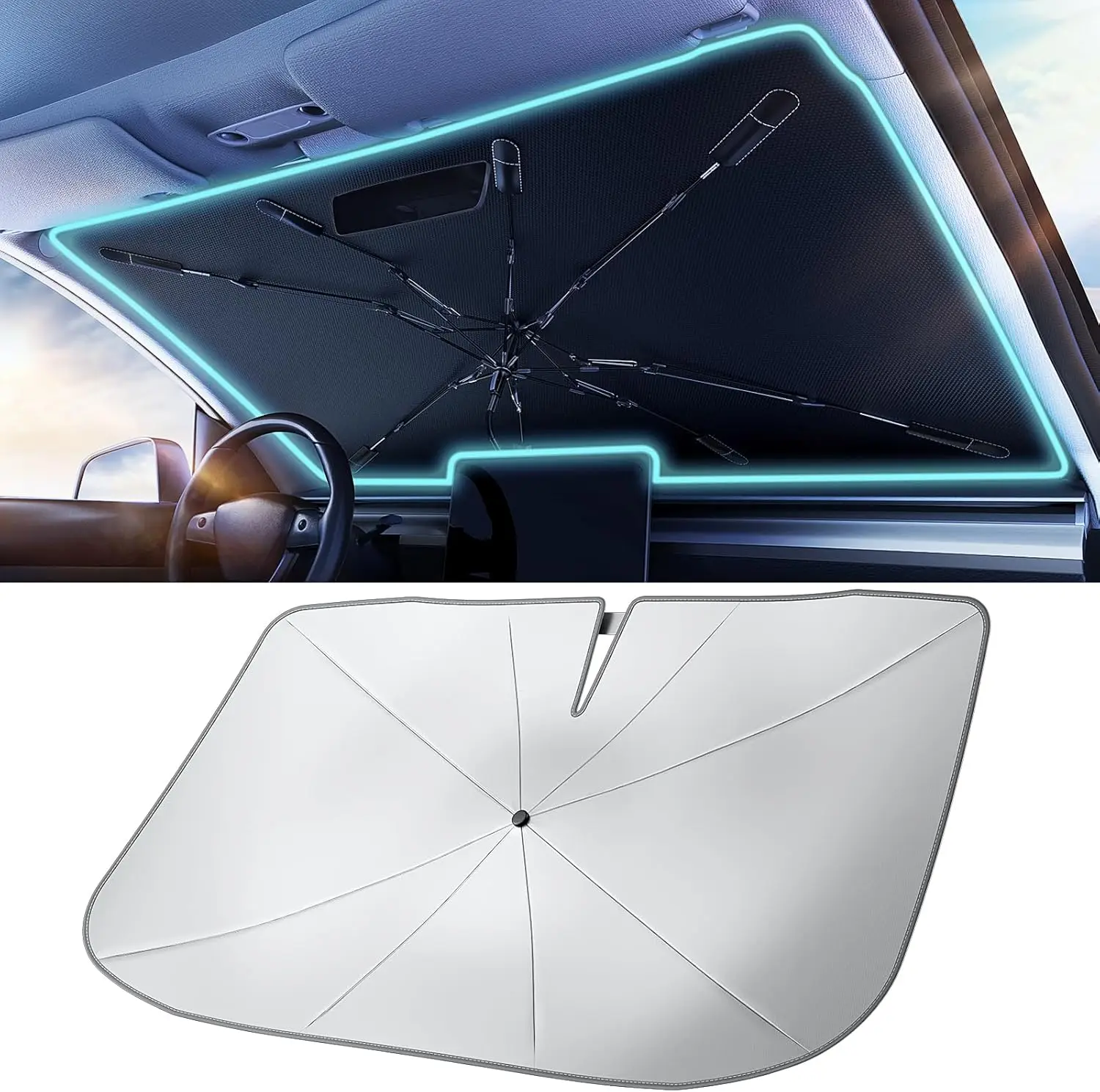 

2026 Car Windshield Sun Shade Umbrella - Silver Heat Shield & UV Reflective, 56"x31"