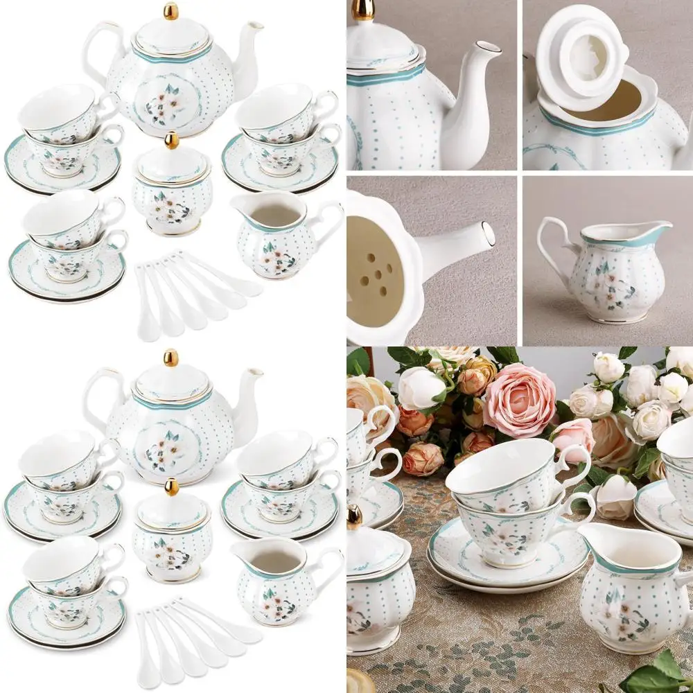 

Vintage Royal Style Porcelain Tea Set, 21 Pieces with Gold Trim, White Camellia Polka Dots, 6 Teacups and Saucers for Party, Hom